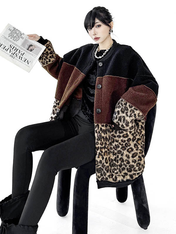 Buttoned Contrast Color Reversible Split-Joint Long Sleeves Loose Round-Neck Outerwear Cardigan Tops