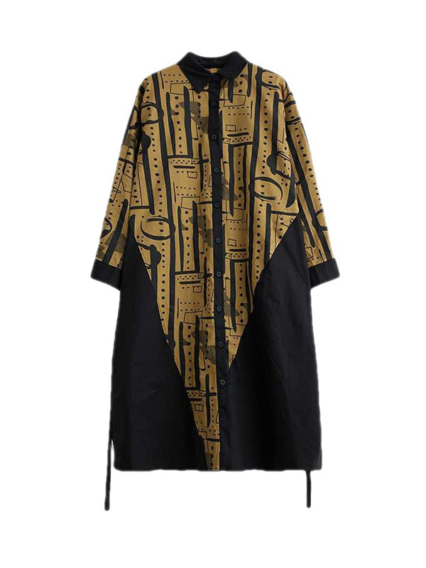 Asymmetric Contrast Color Printed Warp Knitting A-Line Long Sleeves Lapel Shirt Dress Midi Dresses