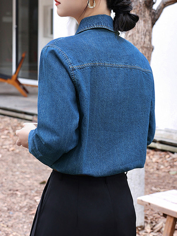 Buttoned Split-Joint Long Sleeves Loose Lapel Blouses&Shirts Tops