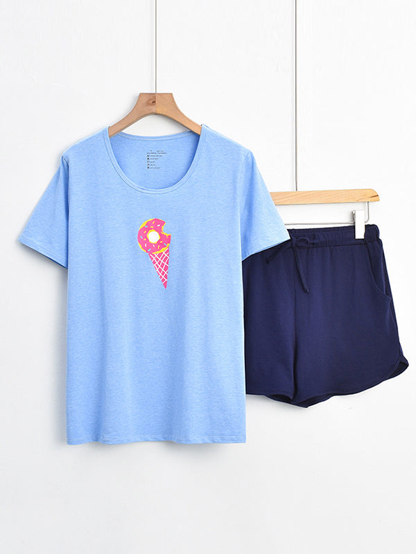 Contrast Color Printed Short Sleeves Round-neck Two Pieces Pajama Set