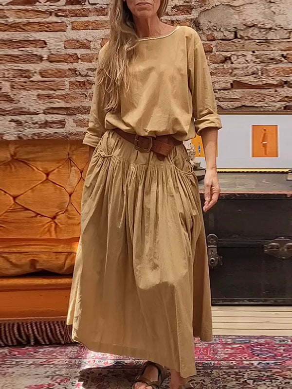 Loose Raglan Sleeve Pleated Solid Color Split-Joint Round-Neck Maxi Dresses