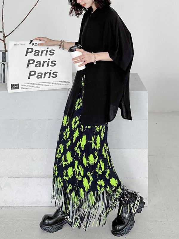Pleated Printed Split-Joint Tasseled High Waisted H-Line Skirts