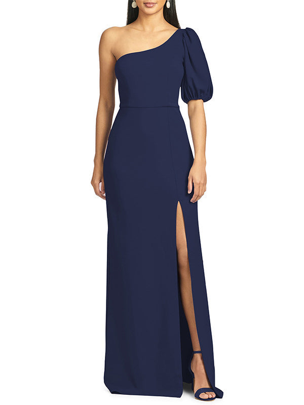 Solid Color Split-Side Puff Sleeves One-Shoulder Maxi Dresses