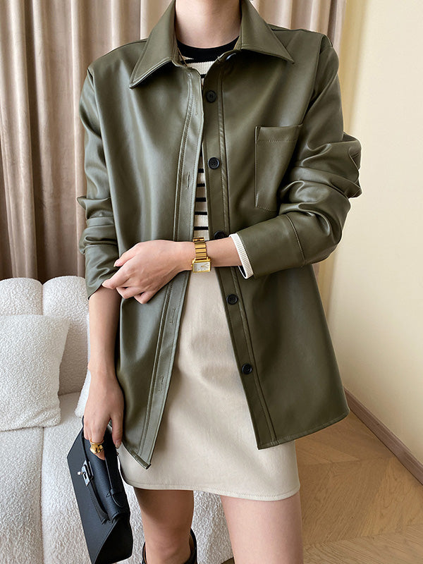 Buttoned Pockets Solid Color Long Sleeves Loose Lapel Outerwear Jackets