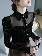 Buttoned Polka Dot Split-Joint Long Sleeves Skinny Lapel T-Shirts Tops