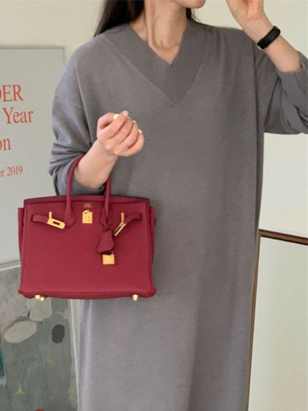 Urban Loose Long Sleeves Solid Color V-Neck Sweater Dresses