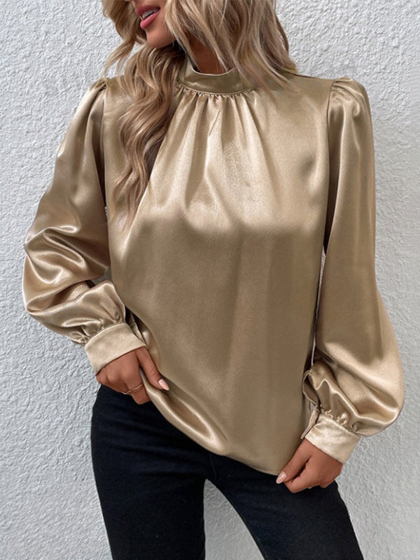 Pleated Shiny Solid Color Split-Joint Long Sleeves Loose Mock Neck T-Shirts Tops