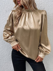 Pleated Shiny Solid Color Split-Joint Long Sleeves Loose Mock Neck T-Shirts Tops
