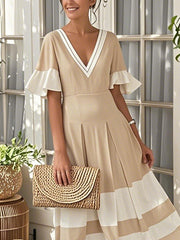 Contrast Color Pleated A-Line Flared Sleeves V-Neck Maxi Dresses