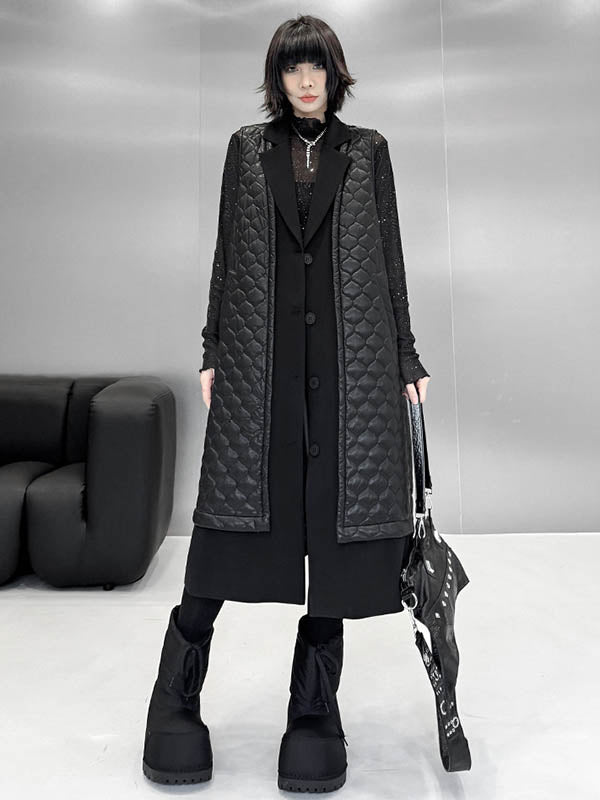 Buttoned Plaid Pockets Solid Color Split-Joint Loose Sleeveless Notched Collar Padded Vest Outerwear