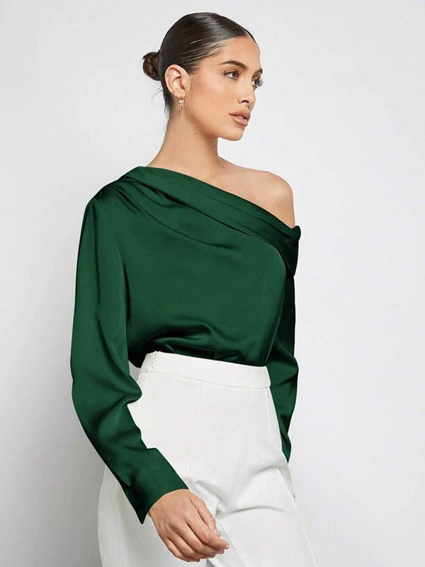 Pleated Solid Color Split-Joint Long Sleeves Skinny One-Shoulder Blouses&Shirts Tops