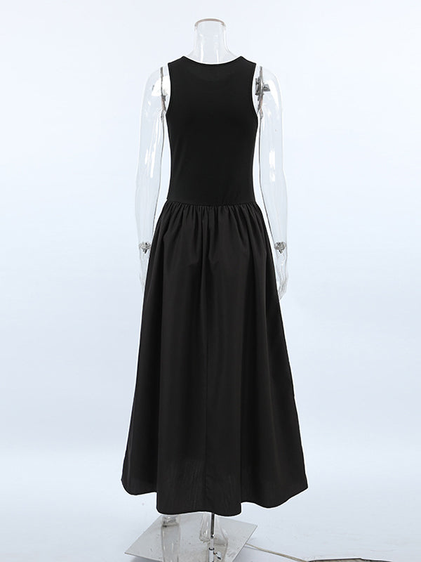 Solid Color Split-Joint A-Line Sleeveless Round-Neck Maxi Dresses