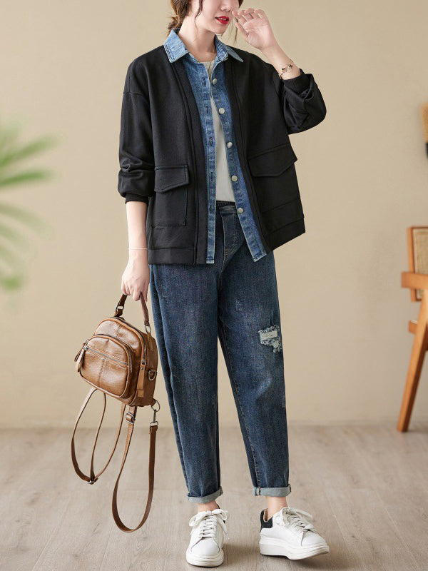 Casual False Two Loose Buttoned Contrast Color Split-Joint Lapel Collar Outerwear