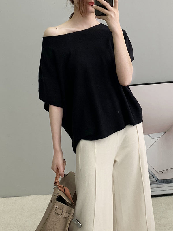 Solid Color Half Sleeves Loose Off-The-Shoulder Sweater Tops Pullovers Knitwear