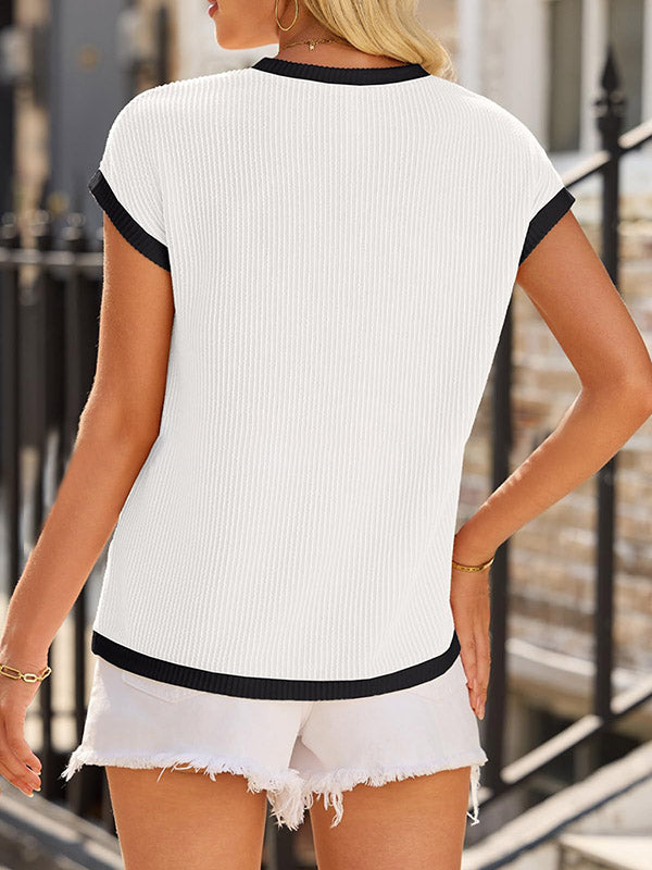 Colorful Contrast Color Pockets Loose Short Sleeves Round-neck T-Shirts Tops