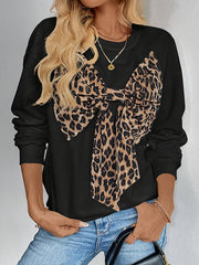 Bowknot Leopard Long Sleeves Loose Round-Neck Sweatshirt Tops