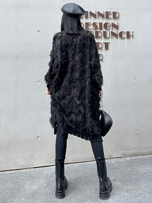 Asymmetric Mesh Pockets See-Through Solid Color Split-Joint Tasseled Irregularity Long Sleeves Stand Collar Midi Dresses