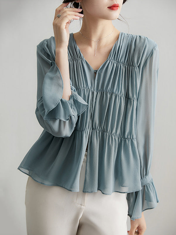 Pleated Solid Color Split-Front Flared Sleeves Long Sleeves V-Neck Blouses&Shirts Tops