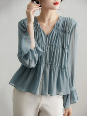 Pleated Solid Color Split-Front Flared Sleeves Long Sleeves V-Neck Blouses&Shirts Tops