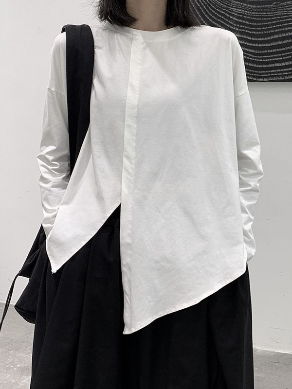 Asymmetric Solid Color Split-Front Split-Joint Long Sleeves Loose Round-Neck T-Shirts