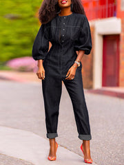 Split-Joint Puff Sleeves Round-Neck Jumpsuits