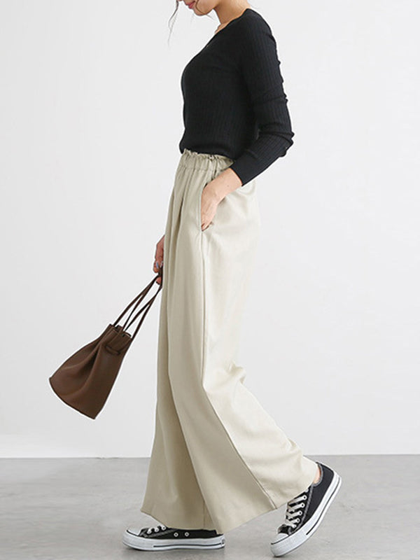 Elasticity Solid Color Split-Joint Wide Side High Waisted Wide Leg Trousers Pants