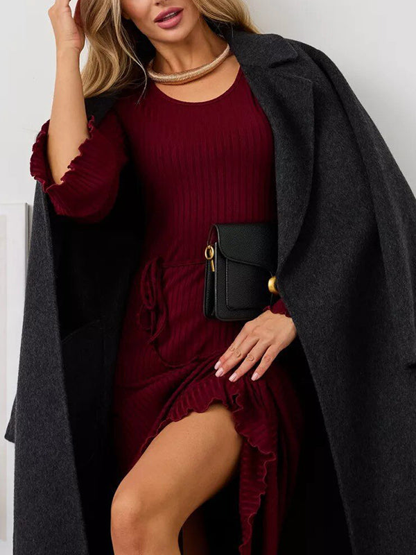 Pleated Ruffled Solid Color Split-Joint Long Sleeves Round-neck Maxi Dresses