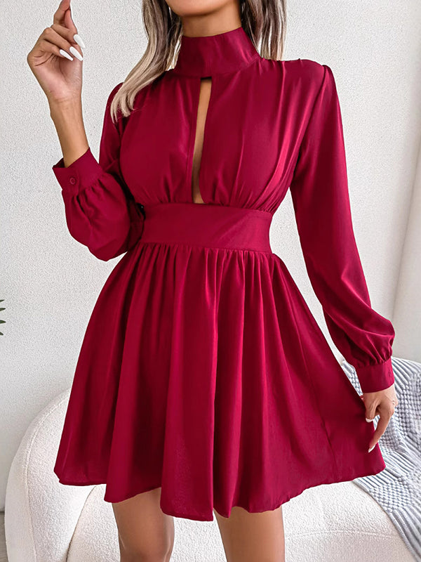 Hollow Solid Color Zipper A-Line Elasticated Waist Half Turtleneck Mini Dresses