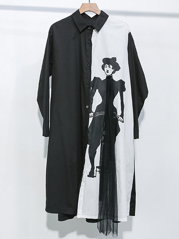 Tide Splicing Characters Print Long Lapel Shirt