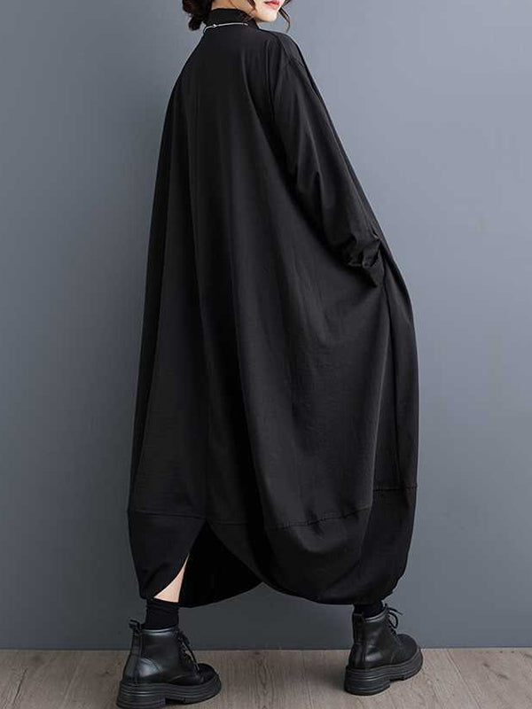 Buttoned Pockets Solid Color Split-Joint A-Line Long Sleeves Lapel Shirt Dress Midi Dresses