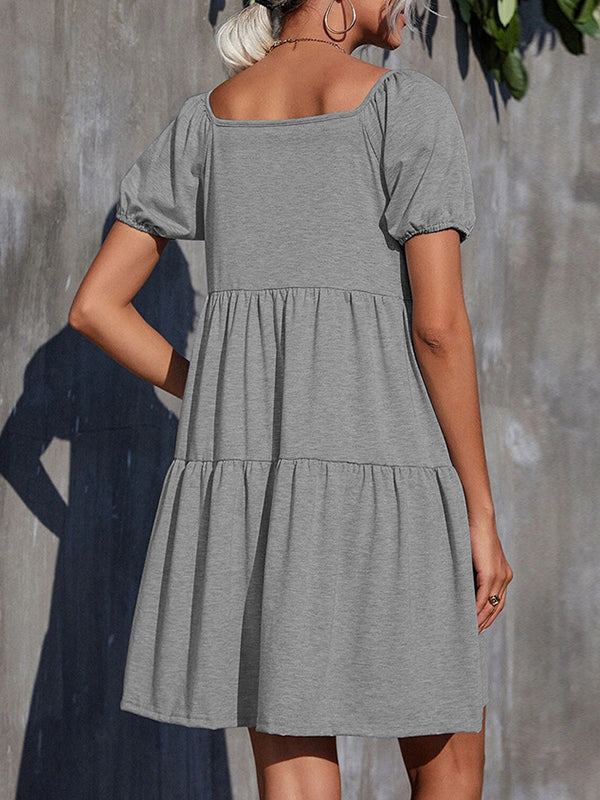 Elasticity Pleated Solid Color Split-Joint A-Line Loose Square-Neck Mini Dresses