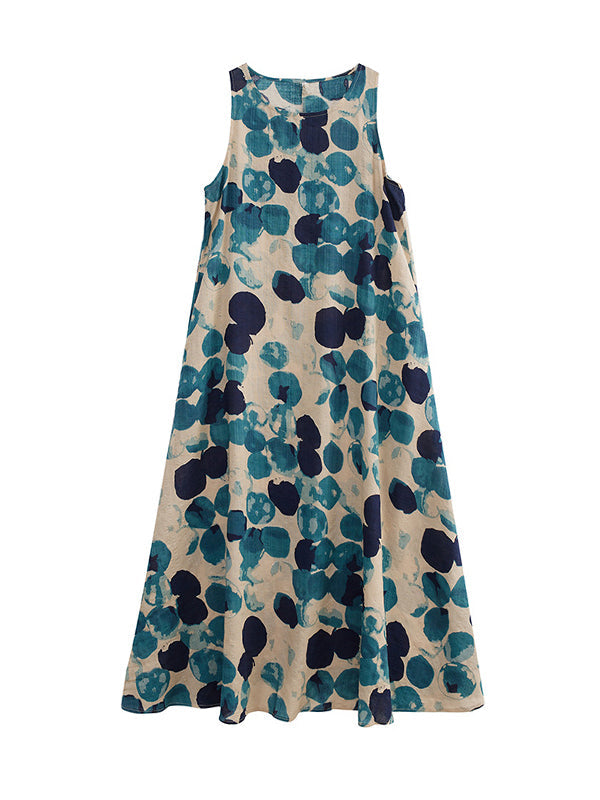 Polka-Dot Loose Sleeveless Round-Neck Maxi Dresses