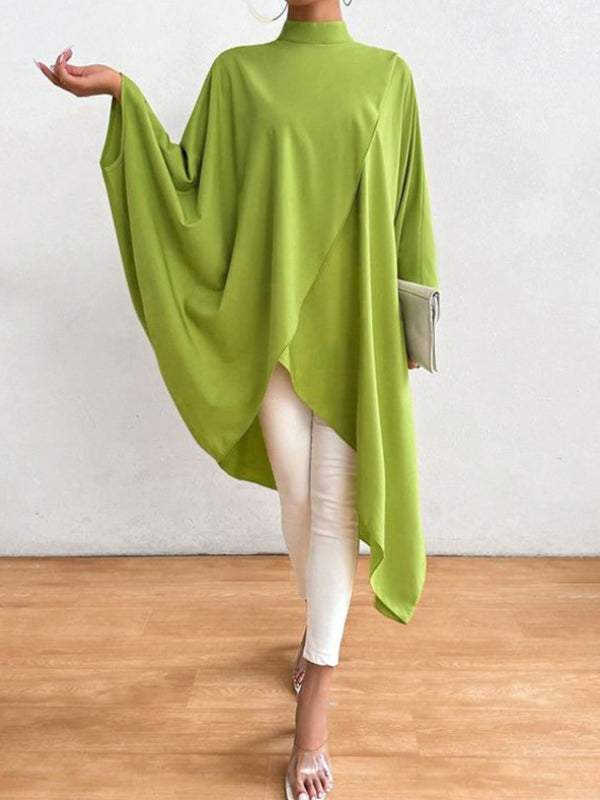 Asymmetric Solid Color Split-Joint Batwing Sleeves Loose High Neck Shirts Tops