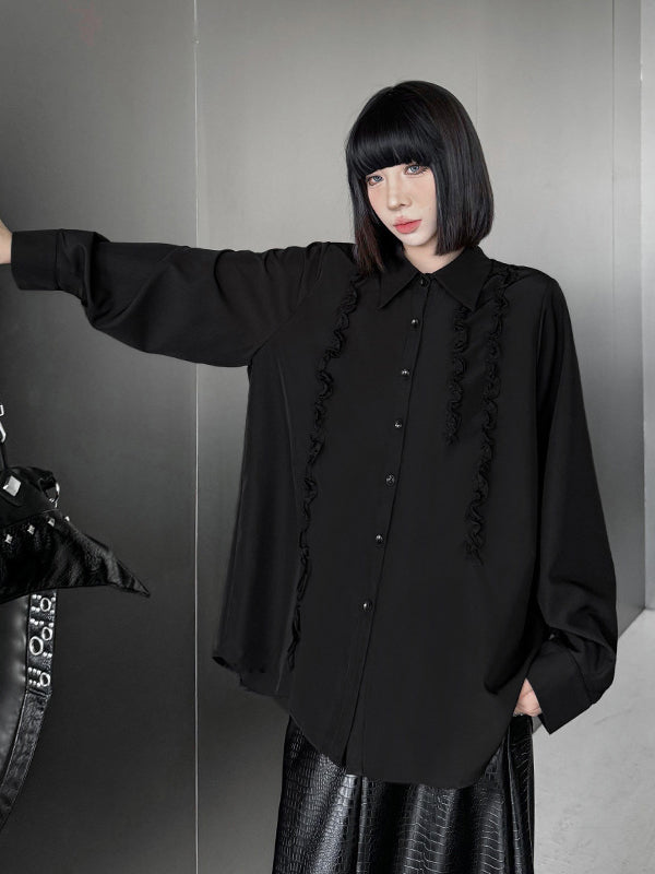 Buttoned Falbala Ruffled Solid Color Split-Joint Hipster Long Sleeves Lapel Blouses&shirts Tops