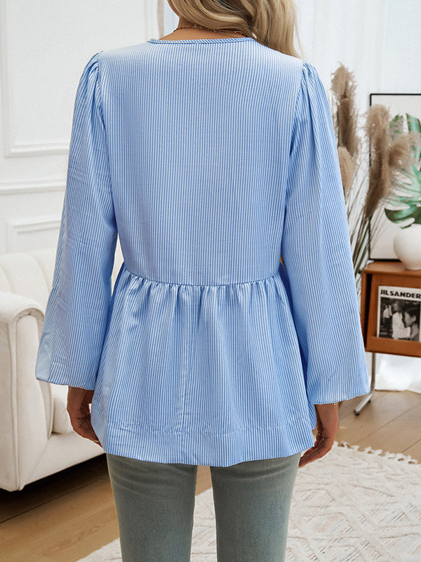 Long Sleeves Loose Elasticity Pleated Striped Tied Round-Neck Blouses&Shirts Tops