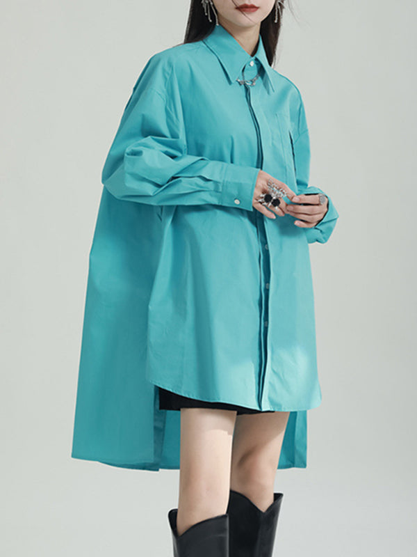 Solid Color Split-side High-low Irregular clipping Lapel Shirts Tops