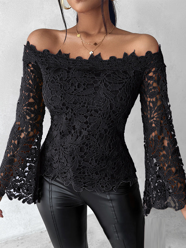 Hollow Solid Color Flared Sleeves Long Sleeves Off-The-Shoulder T-Shirts Tops