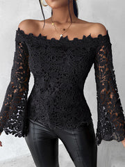 Hollow Solid Color Flared Sleeves Long Sleeves Off-The-Shoulder T-Shirts Tops