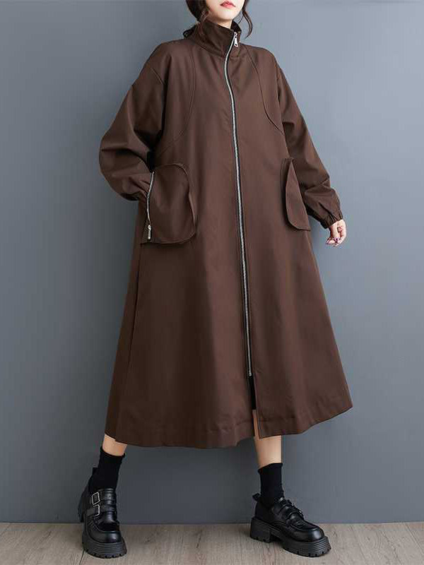 Elasticity Pockets Split-Joint Zipper Long Sleeves Loose High Neck Trench Coats Outerwear