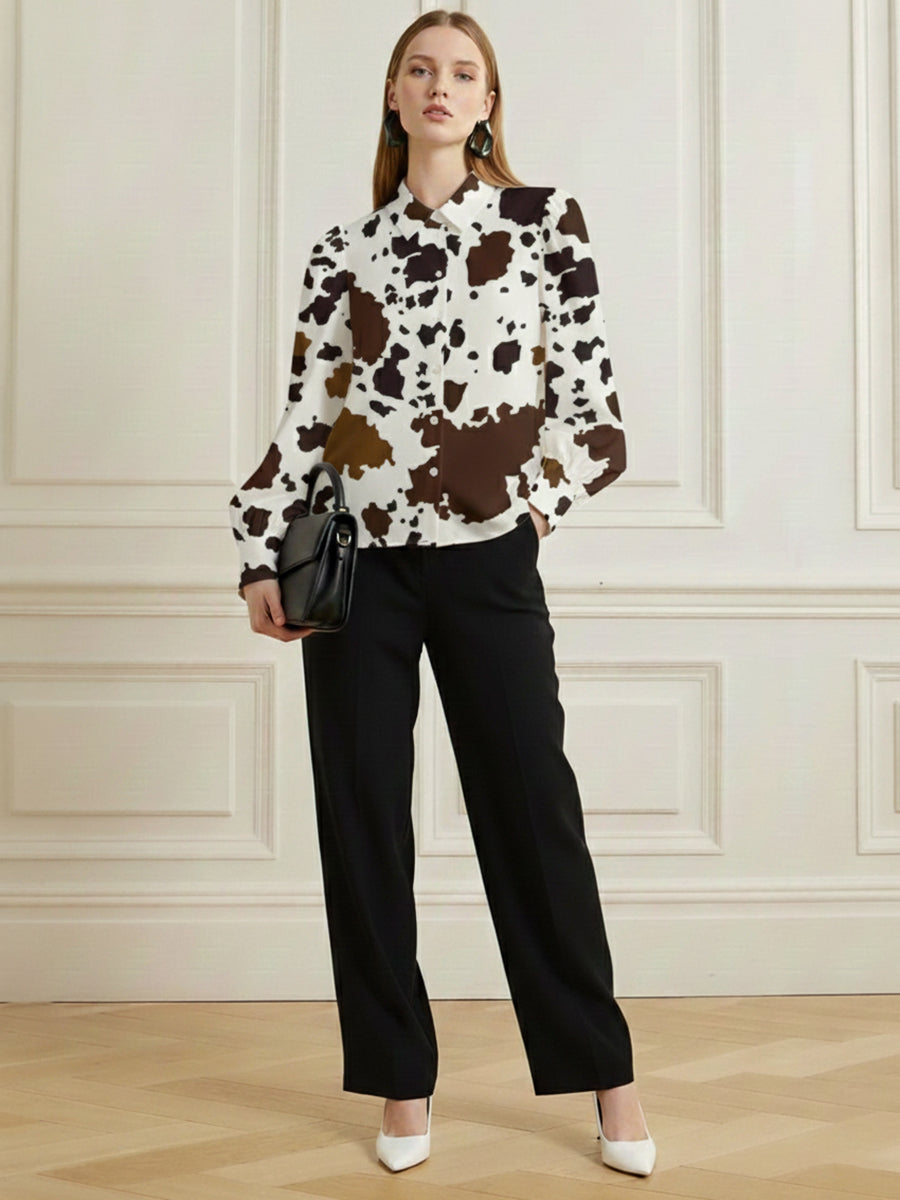 Long Sleeves Loose Buttoned Contrast Color Cow Printed Split-Joint Lapel Blouses&Shirts Tops
