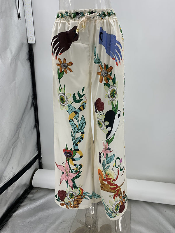 Loose Buttoned Half Sleeves Flower Print Pockets Lapel T-shirt Top + Drawstring Elasticity Pants Bottom Two Pieces Set