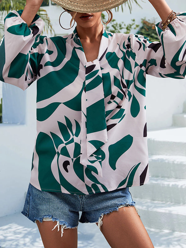 Elasticity Printed Tied Bishop Sleeve Long Sleeves V-Neck Blouses&Shirts Tops