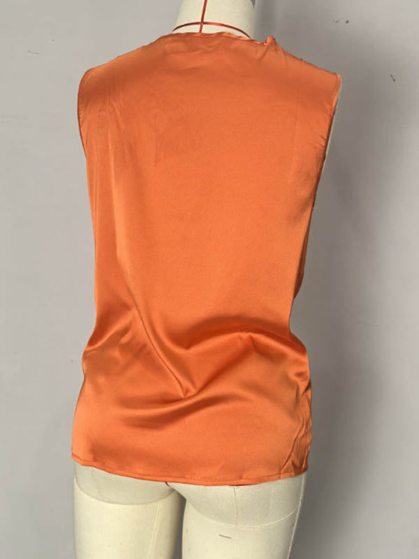 Pleated Solid Color Loose Sleeveless V-Neck Vest Top