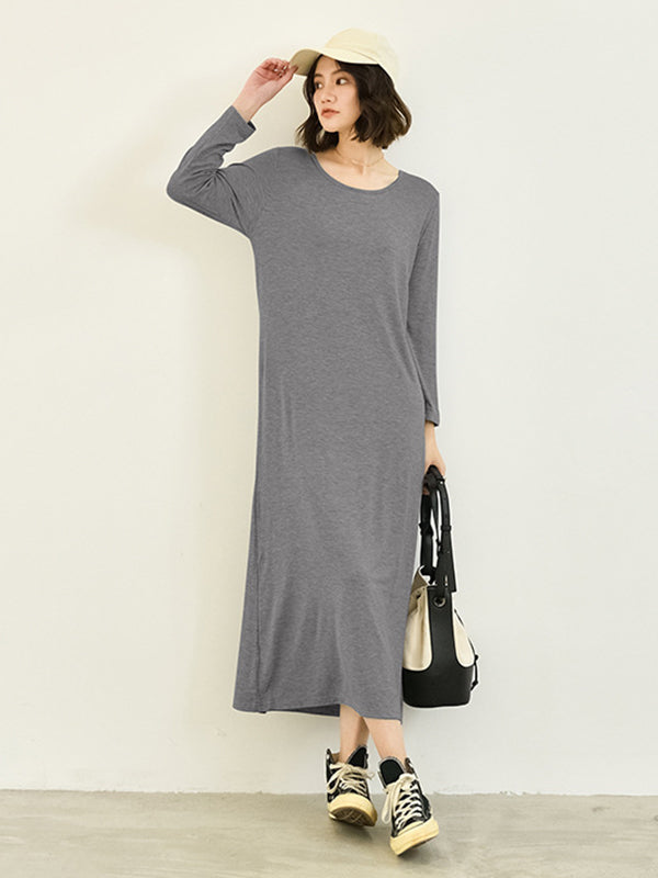 Simple Long Sleeves Loose Solid Color Round-Neck Midi Dresses