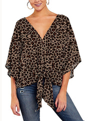 Knot Leopard Batwing Sleeves Half Sleeves V-Neck Blouses&Shirts Tops