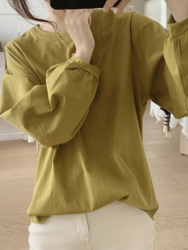 Pleated Solid Color Long Sleeves Loose Round-Neck T-Shirts Tops