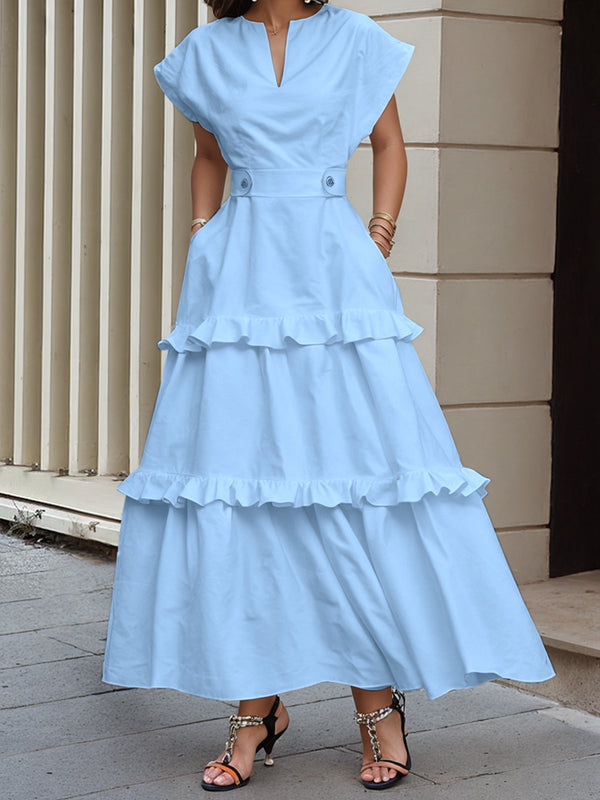 Buttoned Pockets Ruffle Trim Split-Joint Zipper A-Line Loose V-Neck Maxi Dresses