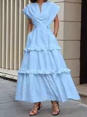 Buttoned Pockets Ruffle Trim Split-Joint Zipper A-Line Loose V-Neck Maxi Dresses