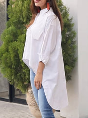 Buttoned Pockets Solid Color Split-Joint High-Low Long Sleeves Lapel Blouses&Shirts Tops