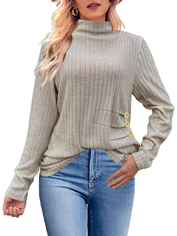 Buttoned Pleated Solid Color Long Sleeves Loose High Neck T-Shirts Tops
